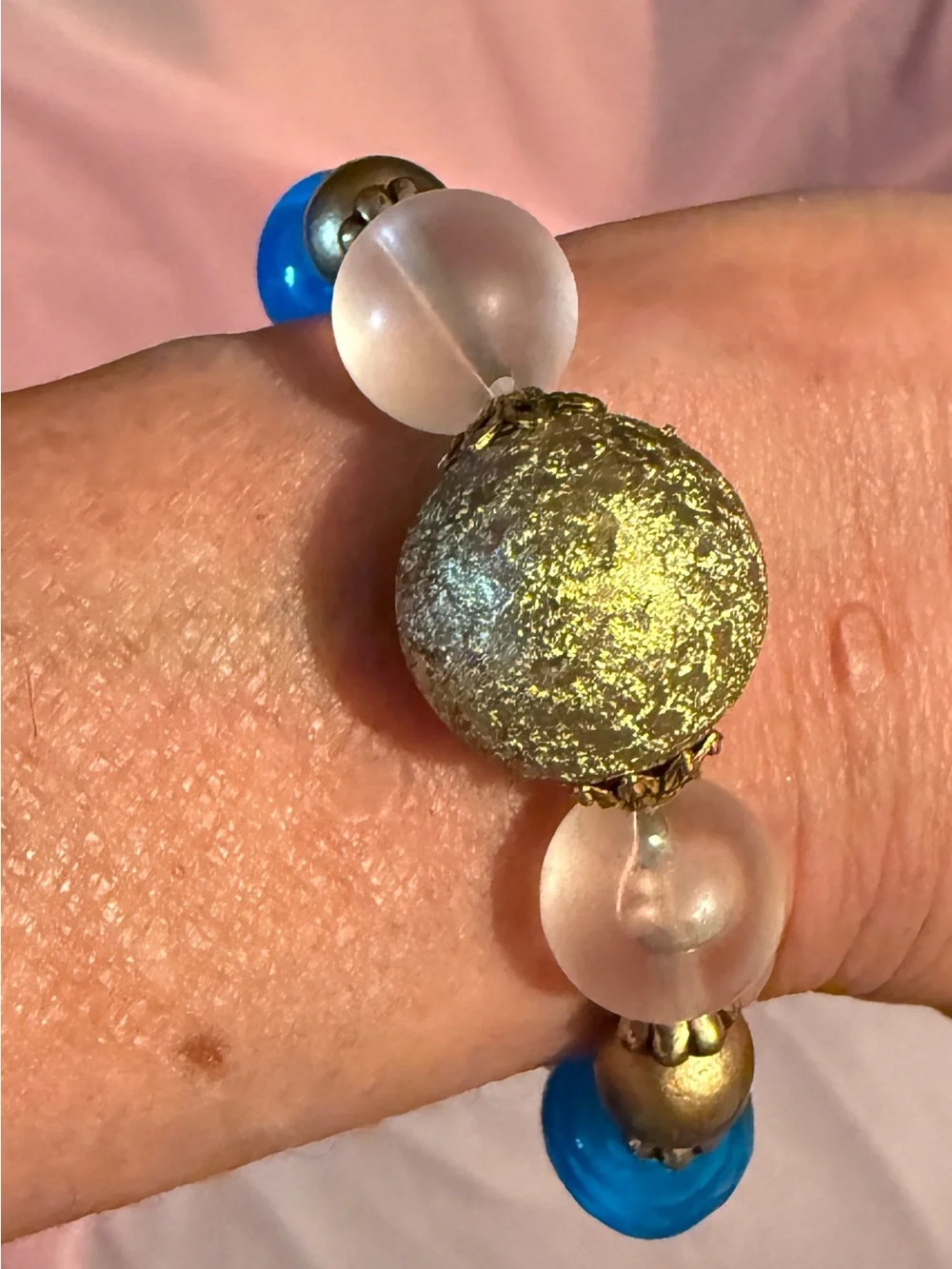 Handmade Blue Gold Beaded Statement Necklace & Bracelet Jewelry Set BTJ